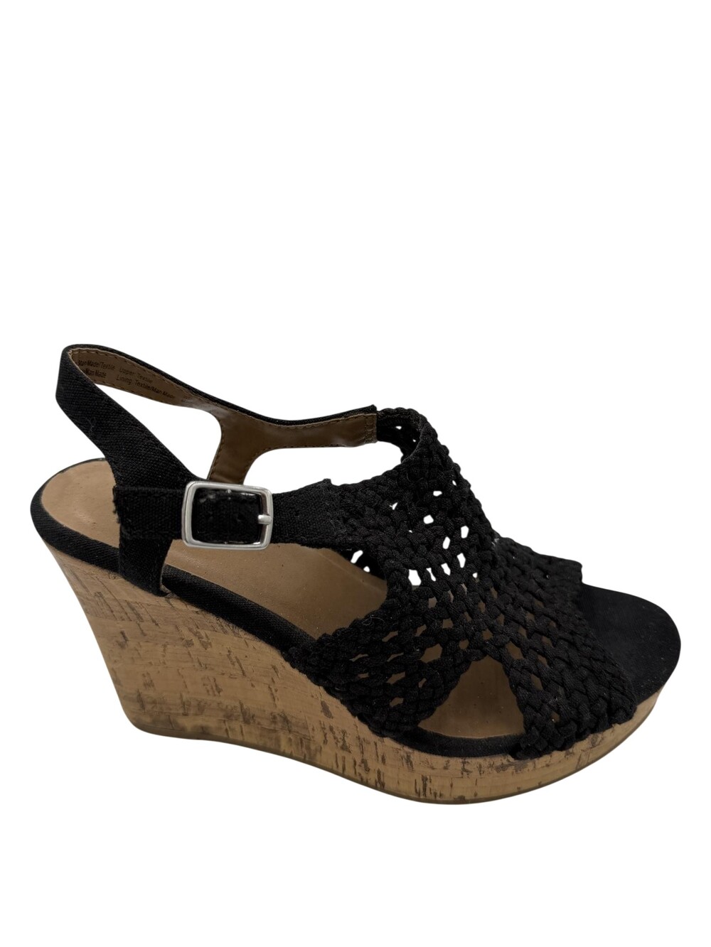 SO Sandals Womens Size 7 Black Woven Slingback Cork Wedge Platform Taffy Black